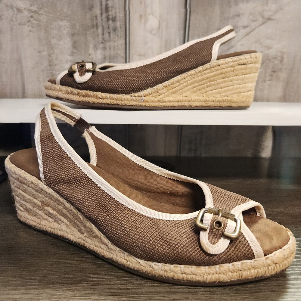 Naturalizer Wedge Sandals Womens Size 7 Brown Canvas Espadrille Slingback Summer